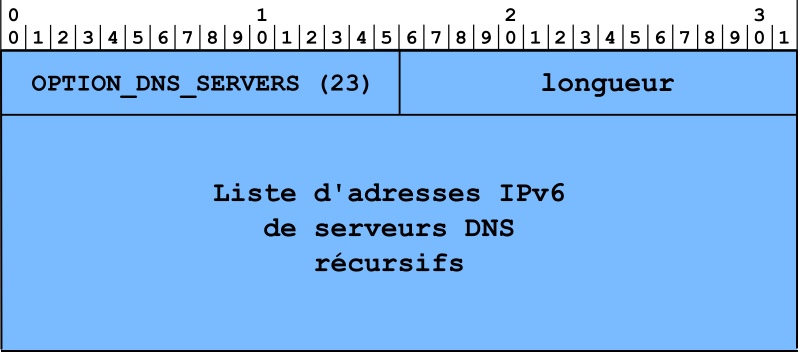 Figure 12 : format de l'option de DHCPv6 spécifiant la liste des serveurs DNS récursifs