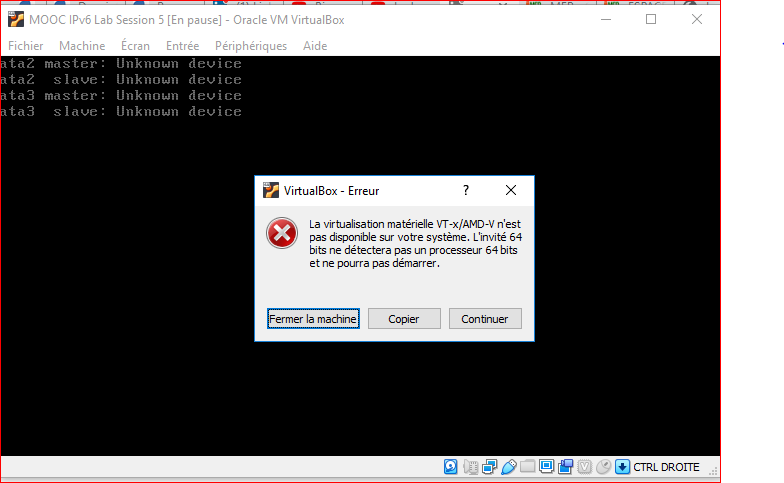 Figure 2: Virtualbox "extensions de virtualisationindisponibles.
