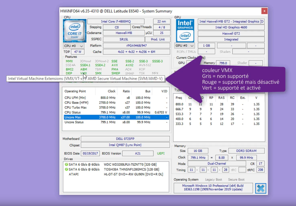 Figure 5: Windows 10 "commande *HWInfo* >extensions VMX/SVM activées".