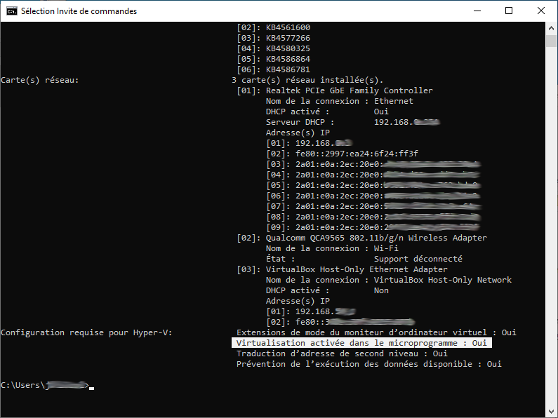Figure 4: Windows 10 "commande *systeminfo* > Virtualisation activée"